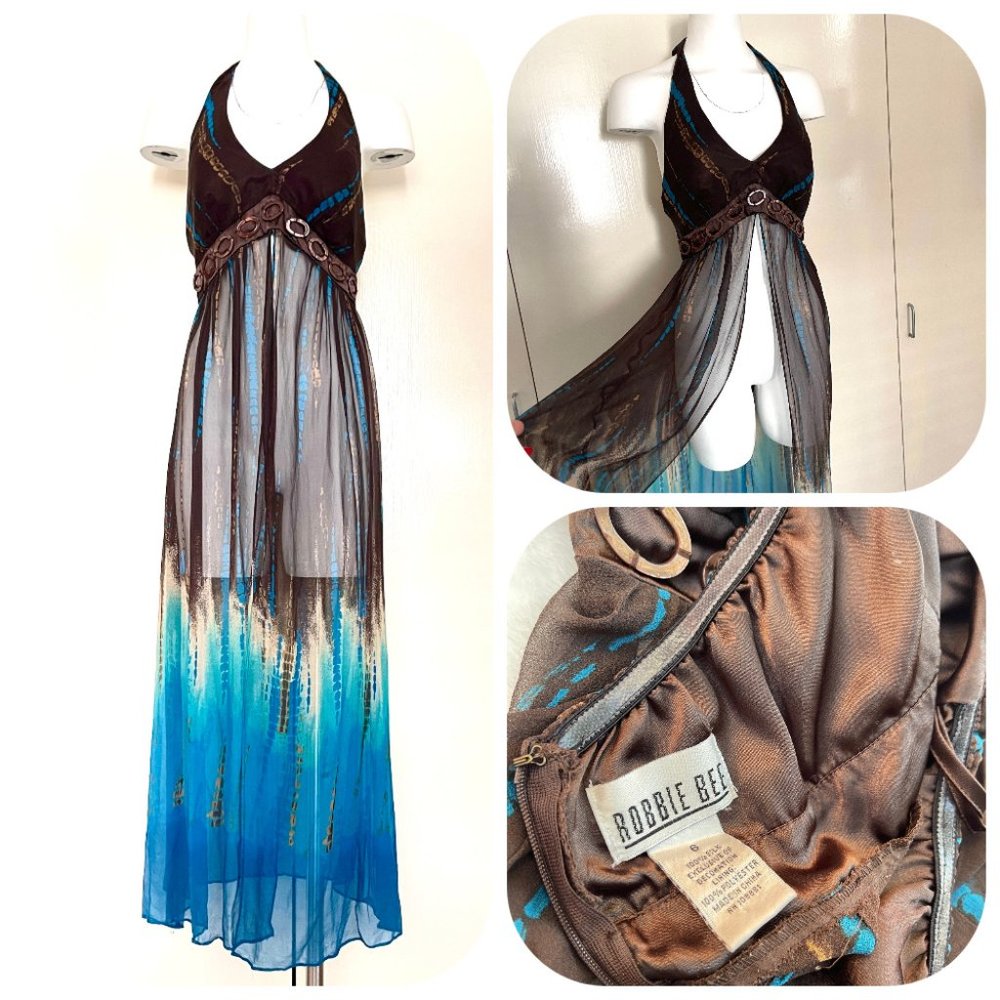 Robbie Bee Brown and Blue Ombre Halter Maxi Dress